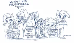 Size: 4000x2356 | Tagged: safe, artist:dilarus, banned from derpibooru, deleted from derpibooru, derpibooru import, edit, editor:edits of hate, unauthorized edit, applejack, derpy hooves, fluttershy, rainbow dash, trixie, earth pony, pegasus, pony, unicorn, bait, based and redpilled, black and white, epstein didn't kill himself, female, funny, grayscale, image, looking at you, mare, monochrome, mouthpiece, placard, png, politics, sign, simple background, vulgar, white background