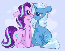 Size: 1024x809 | Tagged: safe, artist:kiruart, artist:tinykiru, banned from derpibooru, deleted from derpibooru, derpibooru import, starlight glimmer, trixie, pony, unicorn, blushing, female, heart, lesbian, lesbian pride flag, nuzzling, pin, pride, pride flag, shipping, startrix, transgender pride flag