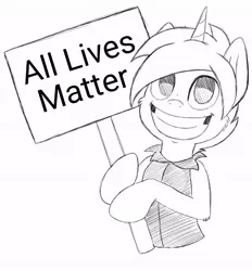 Size: 630x680 | Tagged: safe, artist:theartistsora, banned from derpibooru, deleted from derpibooru, derpibooru import, edit, oc, oc:crusader, unofficial characters only, pony, unicorn, black lives matter, clothes, image, jpeg, male, politics, sign, smiling, solo, stallion