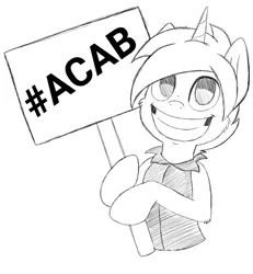 Size: 1896x2048 | Tagged: safe, artist:theartistsora, banned from derpibooru, deleted from derpibooru, derpibooru import, edit, oc, oc:crusader, unofficial characters only, pony, unicorn, acab, black lives matter, clothes, holding, male, politics, sign, smiling, solo, text
