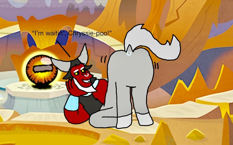 Size: 1280x800 | Tagged: suggestive, artist:whistle blossom, banned from derpibooru, deleted from derpibooru, derpibooru import, lord tirek, centaur, autodesk sketchbook, bracer, butt, butt shake, cloven hooves, colored hooves, crystal ball, dialogue, digital art, dock, dock piercing, evil lair, face down ass up, featureless crotch, female, female pov, femdom, grin, grogar's lair, grogar's orb, imminent pegging, implied chrysalis, implied chrysirek, implied pegging, implied straight, lair, looking at you, male, malesub, nose piercing, nose ring, offscreen character, piercing, plot, pov, presenting, raised tail, smiling, smiling at you, solo, solo male, submissive, tail, tirump, wallpaper