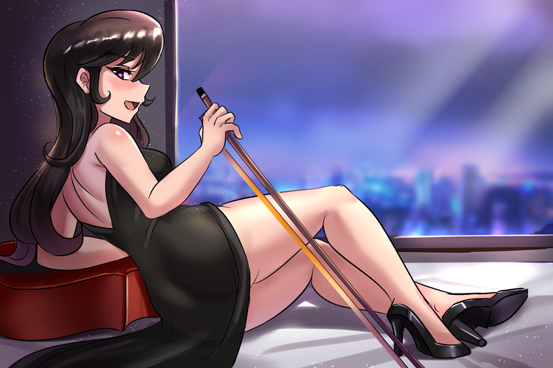 Size: 3000x2000 | Tagged: safe, artist:tzc, banned from derpibooru, deleted from derpibooru, derpibooru import, octavia melody, human, equestria girls, anime, backless, backless dress, beautiful, bottomless, bow (instrument), butt, cello, classy, clothes, cutie mark accessory, cutie mark necklace, dress, female, high heels, humanized, jewelry, legs, looking at you, looking back, musical instrument, necklace, no panties, open mouth, partial nudity, pretty, profile, shoes, sidemouth, sitting, solo, window