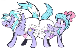 Size: 1305x828 | Tagged: source needed, suggestive, artist:kurikia, banned from derpibooru, deleted from derpibooru, derpibooru import, cloudchaser, flitter, pegasus, pony, adult foal, blushing, bow, butt to butt, butt touch, cute, cutechaser, diaper, diaper fetish, female, fetish, flitterbetes, hair bow, mare, poofy diaper