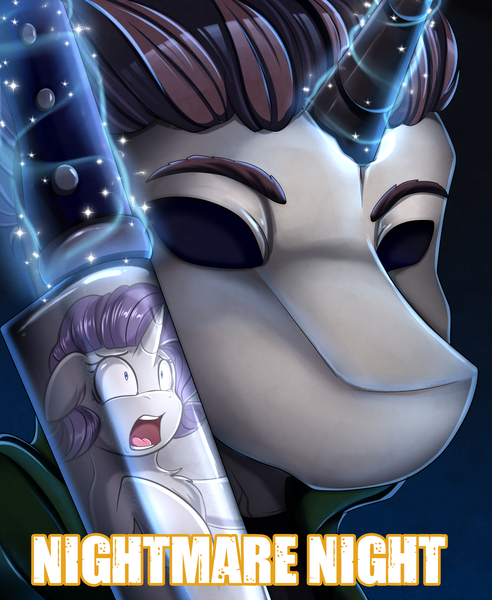 Size: 1446x1764 | Tagged: safe, artist:pridark, banned from derpibooru, deleted from derpibooru, derpibooru import, rarity, oc, unicorn, fanfic, close-up, commission, fanfic art, fanfic cover, halloween, holiday, knife, magic, magic aura, mask, michael myers, nightmare night, this will end in death, this will end in tears, this will end in tears and/or death