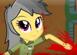 Size: 1006x720 | Tagged: semi-grimdark, artist:grapefruitface1, banned from derpibooru, deleted from derpibooru, derpibooru import, daring do, equestria girls, base used, blood, blood splatter, clothes, looking at you, punch, solo