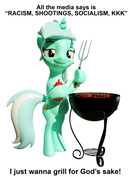 Size: 2153x2942 | Tagged: safe, artist:xppp1n, banned from derpibooru, deleted from derpibooru, derpibooru import, lyra heartstrings, ponified, pony, unicorn, 3d, bipedal, blender, blender cycles, boomer, burger, female, food, fork, grill, ketchup, mare, meat, meme, overweight, parody, politics, sauce, simple background, solo, standing on two hooves, steak, text, transparent background
