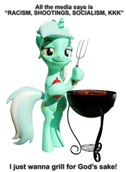 Size: 2153x2942 | Tagged: safe, artist:xppp1n, banned from derpibooru, deleted from derpibooru, derpibooru import, lyra heartstrings, ponified, pony, unicorn, 3d, bipedal, blender, blender cycles, boomer, burger, female, food, fork, grill, ketchup, mare, meat, meme, overweight, parody, politics, sauce, simple background, solo, standing on two hooves, steak, text, transparent background