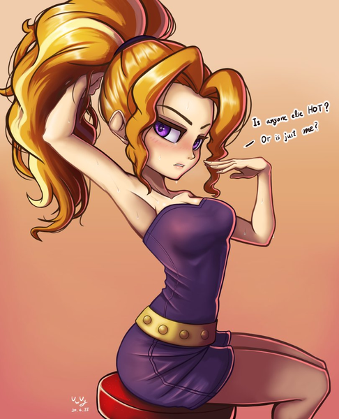 Size: 810x1000 | Tagged: suggestive, artist:the-park, banned from derpibooru, deleted from derpibooru, derpibooru import, adagio dazzle, equestria girls, abstract background, adoragio, adorasexy, alternate hairstyle, armpits, bare shoulders, blushing, breasts, busty adagio dazzle, cute, dialogue, fanning, female, hair, hairband, hot, human coloration, looking at you, ponytail, sexy, shoulderless, sitting, solo, solo female, stool, stupid sexy adagio dazzle, sweat, thighs