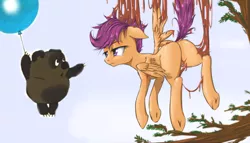Size: 908x520 | Tagged: safe, artist:madhotaru, banned from derpibooru, deleted from derpibooru, derpibooru import, edit, scootaloo, pegasus, pony, balloon, butt, hanging, plot, russian animation, scootabutt, solo, stuck, suspended, tree sap, winnie the pooh