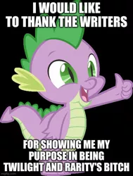 Size: 500x661 | Tagged: safe, banned from derpibooru, deleted from derpibooru, derpibooru import, rarity, spike, twilight sparkle, dragon, spike at your service, abuse, funny, happy, implied rarity, implied twilight sparkle, open mouth, smiling, spikeabuse, thumbs up, vulgar