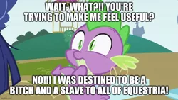Size: 888x500 | Tagged: safe, banned from derpibooru, deleted from derpibooru, derpibooru import, edit, edited screencap, screencap, spike, dragon, abuse, background pony strikes again, excessive exclamation marks, impact font, male, spikeabuse, text, vulgar