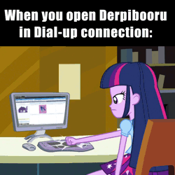 Size: 684x684 | Tagged: safe, banned from derpibooru, deleted from derpibooru, derpibooru import, edit, edited screencap, screencap, twilight sparkle, derpibooru, equestria girls, equestria girls (movie), animated, caption, computer, computer mouse, dial-up, gif, image macro, internet browser, meme, meta, non-looping gif, text