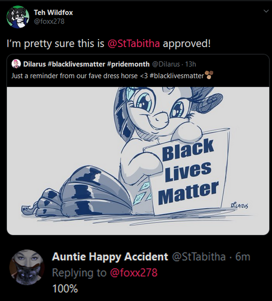 Size: 587x647 | Tagged: safe, artist:dilarus, banned from derpibooru, deleted from derpibooru, derpibooru import, rarity, pony, unicorn, black lives matter, digital art, ear piercing, earring, female, jewelry, mare, meta, mouthpiece, piercing, politics, signature, simple background, smiling, solo, tabitha st. germain, twitter, white background