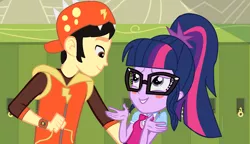 Size: 2184x1254 | Tagged: safe, artist:mlpandboboiboyfan, banned from derpibooru, deleted from derpibooru, derpibooru import, edit, sci-twi, twilight sparkle, oc, equestria girls, equestria girls series, blushing, boboiboy, canon x oc, canterlot high, cap, clothes, duo, glasses, hat, jacket, lockers, meeting, ponytail, ribbon, vest