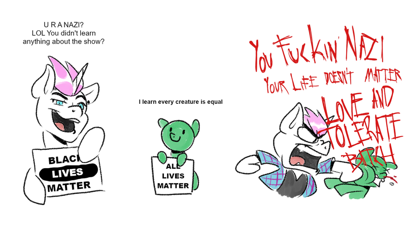 Size: 1710x1000 | Tagged: safe, anonymous artist, banned from derpibooru, deleted from derpibooru, derpibooru import, pony, black lives matter, blood, clothes, double standard, hypocrisy, hypocrite, op started shit, op started shit and op is laughing at you, politics, punch, satire, tooth, x eyes