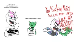 Size: 1710x1000 | Tagged: safe, anonymous artist, banned from derpibooru, deleted from derpibooru, derpibooru import, pony, black lives matter, blood, clothes, double standard, hypocrisy, hypocrite, op started shit, op started shit and op is laughing at you, politics, punch, satire, tooth, x eyes
