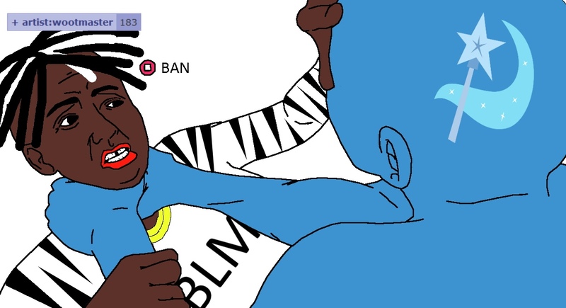 Size: 1266x688 | Tagged: safe, banned from derpibooru, deleted from derpibooru, derpibooru import, derpibooru, the end of derpibooru, 1000 hours in ms paint, abby choke edit, banned, black lives matter, choke, choking, derpibooru logo, meme, meta, politics, square, the last of us, the last of us part ii, wootmaster