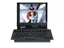 Size: 500x375 | Tagged: safe, artist:ponykillerx, banned from derpibooru, deleted from derpibooru, derpibooru import, commander hurricane, rainbow dash, armor, barely pony related, computer, ibm, laptop computer, sword, thinkpad, thinkpad 701, weapon