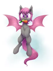 Size: 764x1024 | Tagged: safe, artist:confetticakez, banned from derpibooru, deleted from derpibooru, derpibooru import, oc, oc:fruitful melody, unofficial characters only, bat pony, pony, bat pony oc, bat wings, cute, food, looking at you, mango, wings