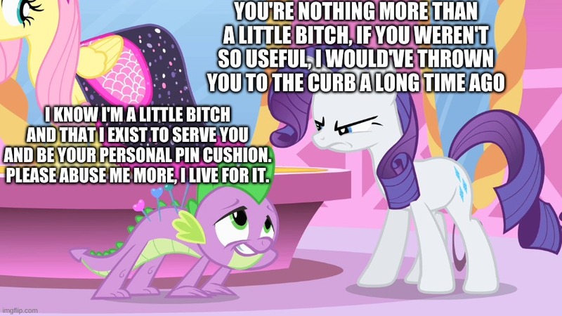 Size: 888x499 | Tagged: safe, banned from derpibooru, deleted from derpibooru, derpibooru import, edit, edited screencap, screencap, fluttershy, rarity, spike, dragon, pegasus, unicorn, green isn't your color, abuse, caption, image macro, sadomasochism, spikeabuse, text, vulgar