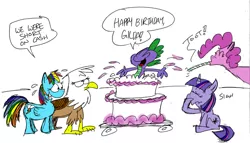 Size: 900x514 | Tagged: safe, artist:bakertoons, banned from derpibooru, deleted from derpibooru, derpibooru import, gilda, pinkie pie, rainbow dash, spike, twilight sparkle, cake, comic, food