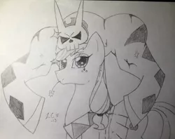 Size: 960x762 | Tagged: safe, artist:wayforger, banned from derpibooru, deleted from derpibooru, derpibooru import, applejack, cerebella, clothes, cosplay, costume, crossover, hat, skullgirls, straw, traditional art, vice-versa