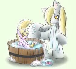 Size: 993x906 | Tagged: safe, artist:fatcakes, banned from derpibooru, deleted from derpibooru, derpibooru import, edit, derpy hooves, dinky hooves, bath, equestria's best mother, rubber duck, soap bubble, towel