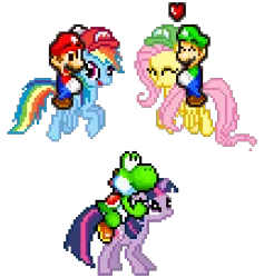 Size: 324x342 | Tagged: safe, banned from derpibooru, deleted from derpibooru, derpibooru import, fluttershy, rainbow dash, twilight sparkle, yoshi, crossover, heart (organ), luigi, mario, nintendo, organs, pixel art, riding, sprite