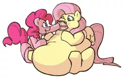 Size: 987x627 | Tagged: safe, artist:phantom of 4chan, banned from derpibooru, deleted from derpibooru, derpibooru import, fluttershy, pinkie pie, belly, big belly, cake, crumbs, fat, fattershy, feeder, feeding, food, huge belly, impossibly large belly, morbidly obese, obese, stuffing