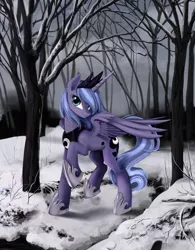 Size: 1480x1900 | Tagged: dead source, safe, artist:ponykillerx, banned from derpibooru, deleted from derpibooru, derpibooru import, princess luna, alicorn, pony, female, forest, looking at you, mare, smiling, snow, solo, winter