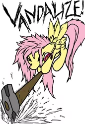 Size: 740x1079 | Tagged: safe, artist:misophoniac, banned from derpibooru, deleted from derpibooru, derpibooru import, fluttershy, smashing, thrash, vandalism