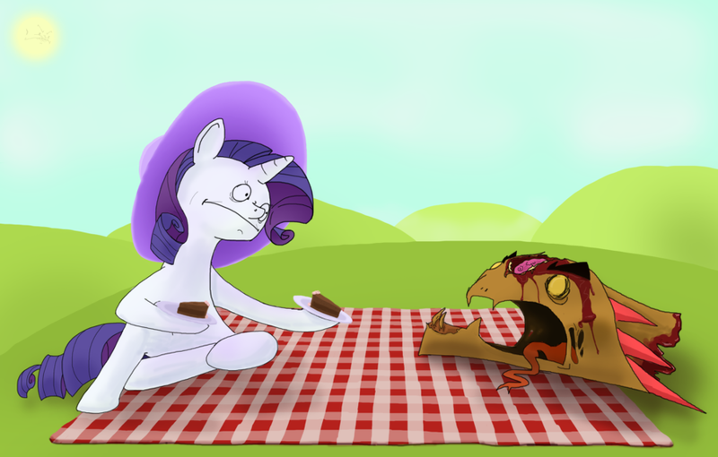 Size: 900x574 | Tagged: grimdark, artist:irongasm, banned from derpibooru, deleted from derpibooru, derpibooru import, rarity, hydra, multiple heads, picnic, rerity