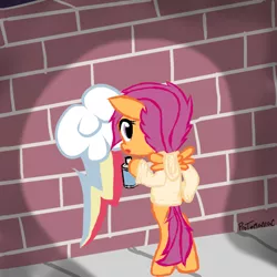 Size: 666x666 | Tagged: safe, artist:misophoniac, banned from derpibooru, deleted from derpibooru, derpibooru import, scootaloo, bipedal, clothes, cutie mark, graffiti, hoodie, paint, wall