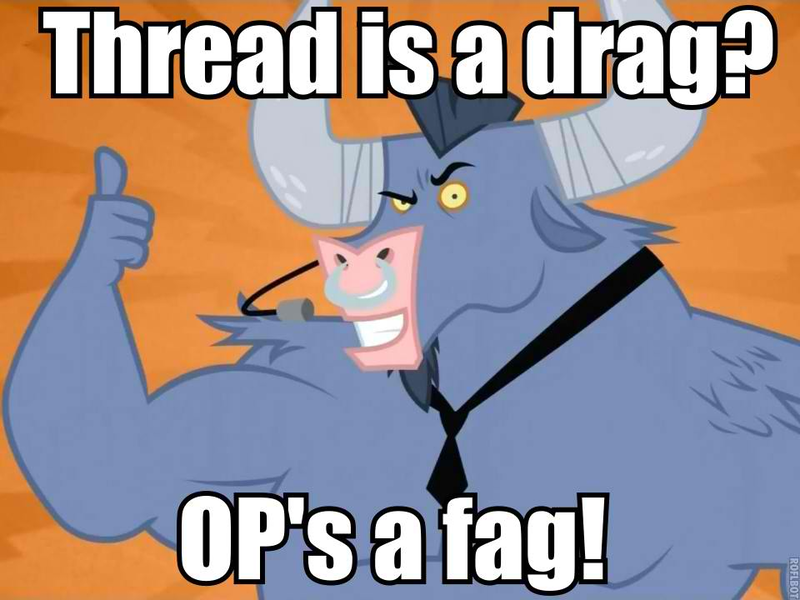 Size: 960x720 | Tagged: safe, banned from derpibooru, deleted from derpibooru, derpibooru import, edit, edited screencap, screencap, iron will, minotaur, caption, homophobia, image, image macro, looking at you, male, microphone, necktie, nose piercing, nose ring, piercing, png, reaction image, smiling, solo, text, thumbs up, vulgar