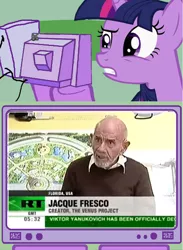 Size: 313x427 | Tagged: safe, banned from derpibooru, deleted from derpibooru, derpibooru import, twilight sparkle, exploitable meme, jacque fresco, meme, obligatory pony, politics, russia today, the venus project, tv meme