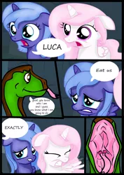 Size: 2480x3508 | Tagged: safe, banned from derpibooru, deleted from derpibooru, derpibooru import, princess celestia, princess luna, oc, snake, age regression, comic, female, filly, overpowered (comic), woona, younger