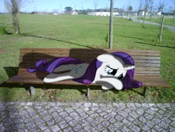 Size: 1280x960 | Tagged: safe, artist:sparkdraws, banned from derpibooru, deleted from derpibooru, derpibooru import, rarity, pony, bench, building, crying, irl, park, path, photo, ponies in real life, sad, shadow, vector
