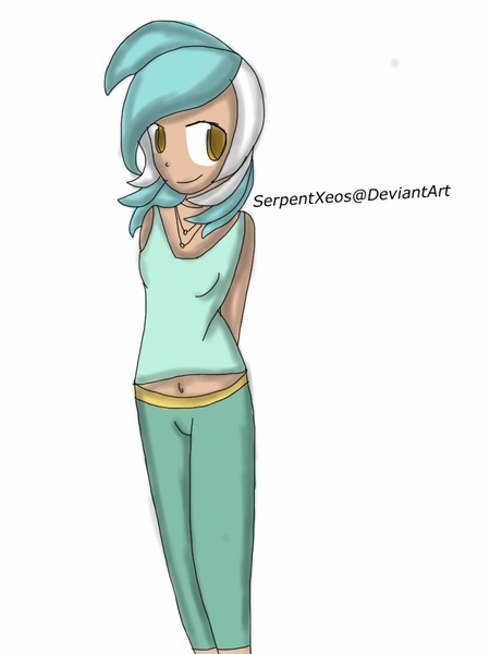 Size: 768x1024 | Tagged: safe, artist:serpentxeos, banned from derpibooru, deleted from derpibooru, derpibooru import, lyra heartstrings, human, 30 minute art challenge, arm behind back, female, humanized, simple background, skinny, solo, white background