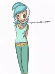 Size: 768x1024 | Tagged: safe, artist:serpentxeos, banned from derpibooru, deleted from derpibooru, derpibooru import, lyra heartstrings, human, 30 minute art challenge, arm behind back, female, humanized, simple background, skinny, solo, white background