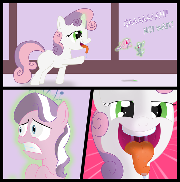 Size: 1740x1758 | Tagged: questionable, artist:optica, banned from derpibooru, deleted from derpibooru, derpibooru import, diamond tiara, silver spoon, sweetie belle, comic, drool, fetish, imminent vore, kitchen eyes, maw, micro, scared, teeth, test tube, tongue out, unwilling, uvula, vore