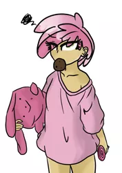 Size: 500x706 | Tagged: safe, artist:ajue, banned from derpibooru, deleted from derpibooru, derpibooru import, ruby pinch, teddy, human, rabbit, animal, candy, clothes, cookie, food, humanized, lollipop, oversized clothes, oversized shirt, shirt