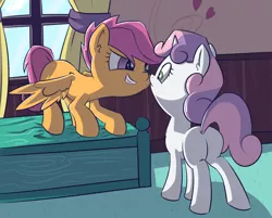 Size: 1796x1442 | Tagged: safe, artist:handsockz, banned from derpibooru, deleted from derpibooru, derpibooru import, scootaloo, sweetie belle, butt, female, imminent innocent cuddles, imminent kissing, imminent nose boop, incoming hug, lesbian, plot, scootabelle, shipping