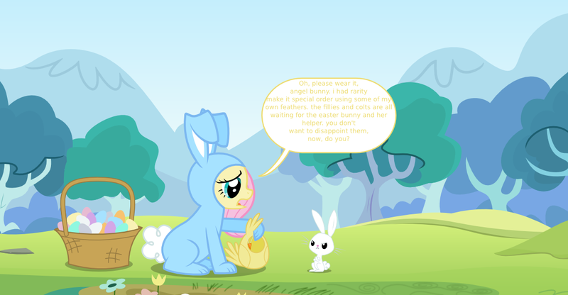 Size: 1147x596 | Tagged: safe, artist:mandydax, banned from derpibooru, deleted from derpibooru, derpibooru import, angel bunny, fluttershy, bunny suit, clothes, costume, easter, holiday