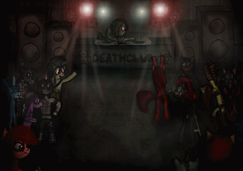 Size: 800x565 | Tagged: semi-grimdark, banned from derpibooru, deleted from derpibooru, derpibooru import, animated, bipedal, goth, gothic, industrialist, metal, party.gif, rave, seizure warning, techno
