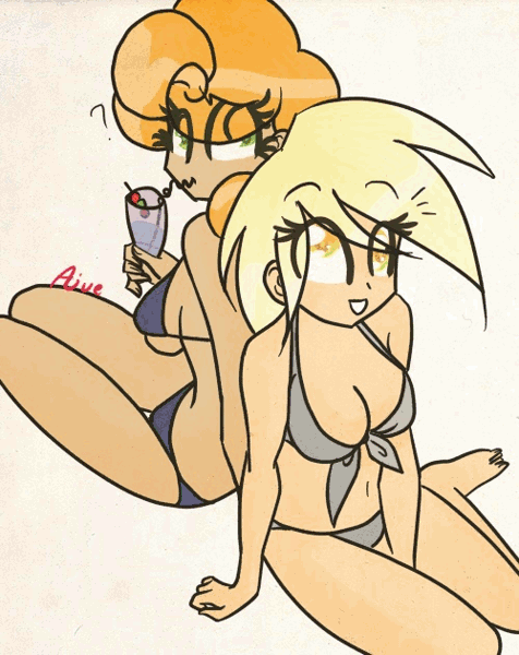 Size: 500x630 | Tagged: suggestive, artist:ajue, banned from derpibooru, deleted from derpibooru, derpibooru import, carrot top, derpy hooves, golden harvest, human, animated, bikini, breasts, busty carrot top, busty derpy hooves, clothes, humanized, swimsuit, trace