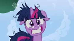 Size: 960x540 | Tagged: safe, banned from derpibooru, deleted from derpibooru, derpibooru import, edit, edited screencap, screencap, twilight sparkle, lesson zero, faic, floppy ears, fourth wall, hub logo, image, looking at you, looking down, looking down at you, offscreen character, png, pov, qnɥ, solo, twilight snapple, upside down, wat