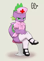 Size: 1000x1400 | Tagged: dead source, suggestive, artist:atrolux, banned from derpibooru, deleted from derpibooru, derpibooru import, spike, clothes, crossdressing, femboy, femboy spike, high heels, image, lusty baby dragon maid, male, nurse, nurse spike, png, shoes, solo, solo male, stockings, thigh highs