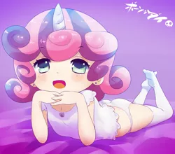Size: 1279x1128 | Tagged: suggestive, artist:born-to-die, banned from derpibooru, deleted from derpibooru, derpibooru import, sweetie belle, human, clothes, cute, diasweetes, ear piercing, female, horn, horned humanization, humanized, japanese, looking at you, open mouth, panties, piercing, prone, socks, solo, solo female, thigh highs, underwear, white underwear