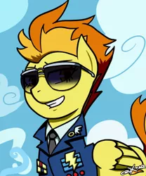 Size: 500x600 | Tagged: safe, artist:cruxtar, banned from derpibooru, deleted from derpibooru, derpibooru import, spitfire, grin, smiling, solo, sunglasses