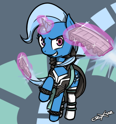 Size: 400x430 | Tagged: safe, artist:cruxtar, banned from derpibooru, deleted from derpibooru, derpibooru import, trixie, pony, unicorn, clothes, costume, female, grin, mare, smiling, solo